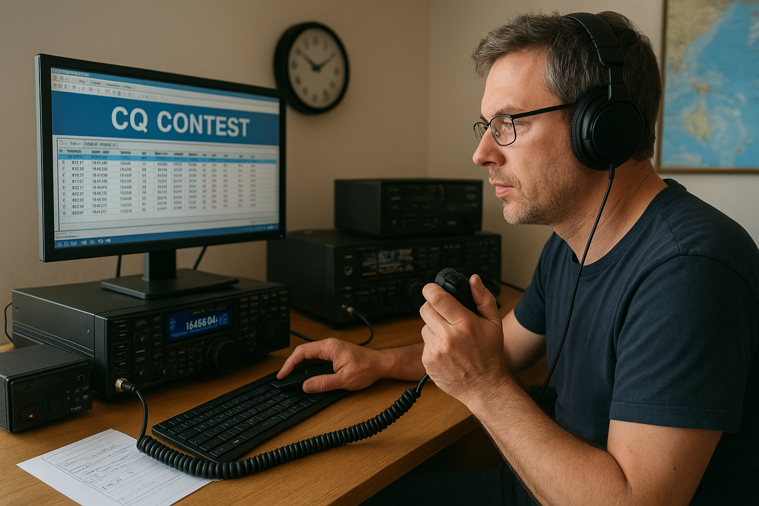 KI-generiertes Symbolbild eines Funkamateurs vor seinem Funkgerät im Contest KI-generiertes Symbolbild eines Funkamateurs vor seinem Funkgerät im Contest